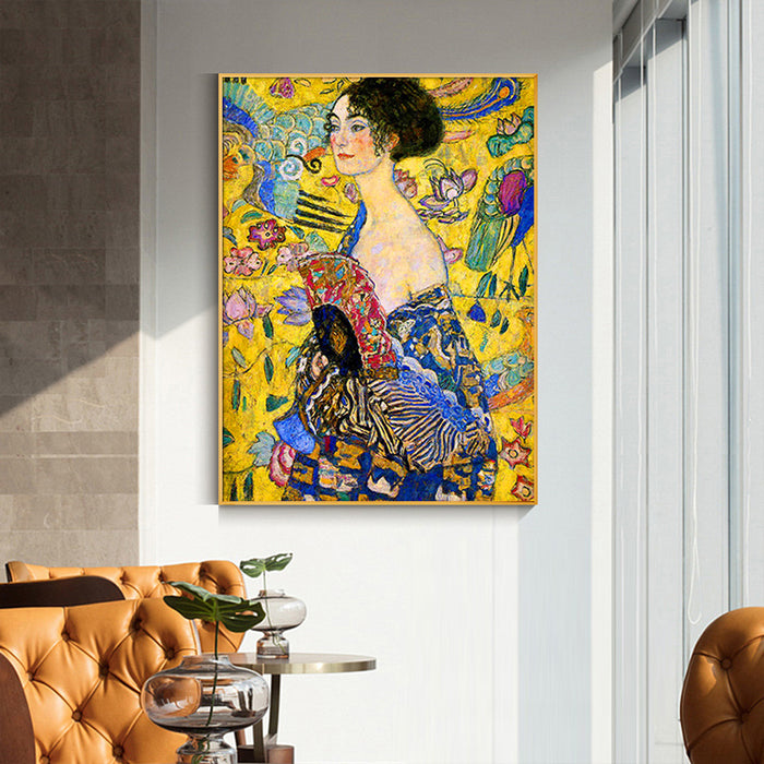 Wall Art 90Cmx135Cm Lady With A Fan By Klimt Gold Frame Canvas