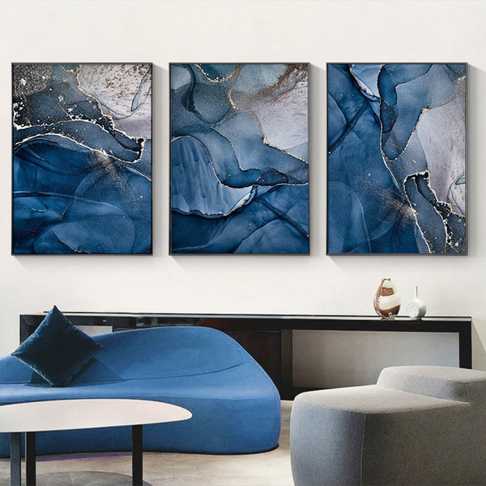 Wall Art 70Cmx100Cm Blue Gold Marble 3 Sets Black Frame Canvas