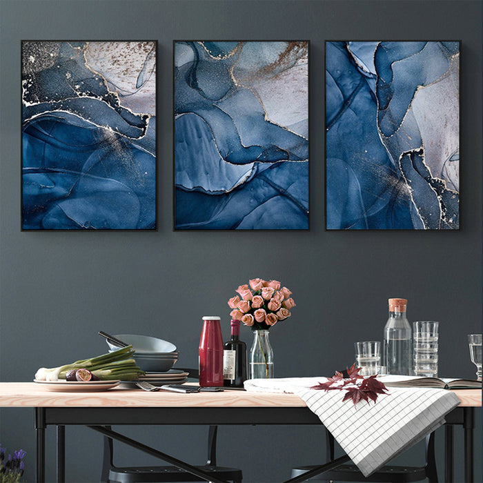 Wall Art 80Cmx120Cm Blue Gold Marble 3 Sets Black Frame Canvas