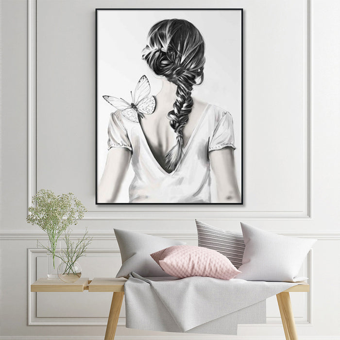Wall Art 90Cmx135Cm Woman Back With Butterfly Black Frame Canvas