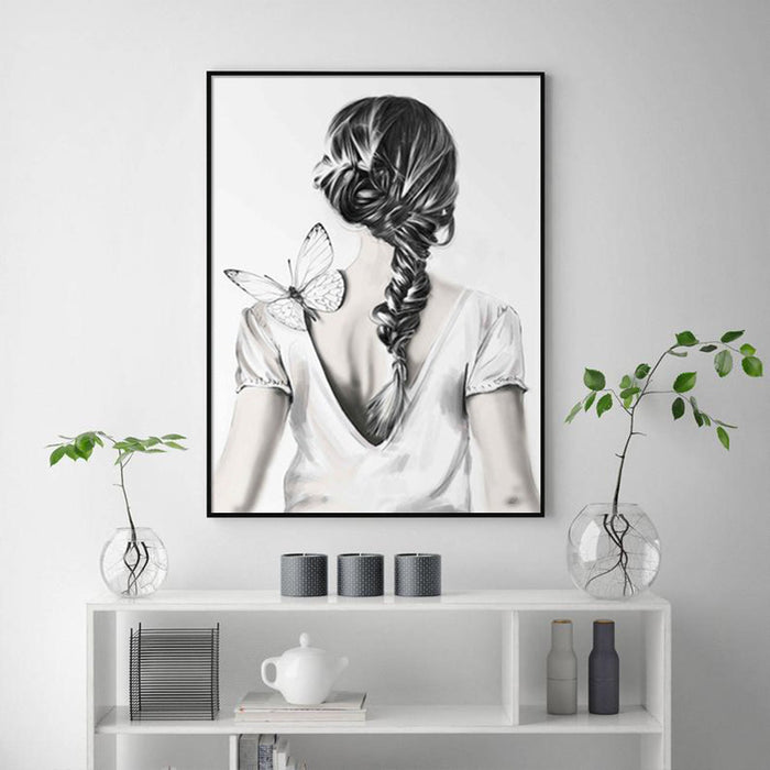 Wall Art 90Cmx135Cm Woman Back With Butterfly Black Frame Canvas