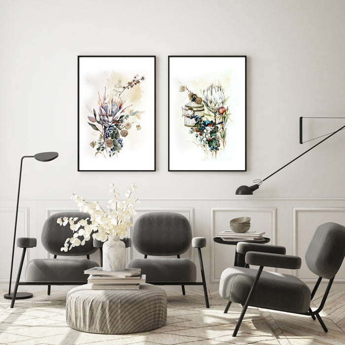 Wall Art 80Cmx120Cm Berries And Protea 2 Sets Black Frame Canvas