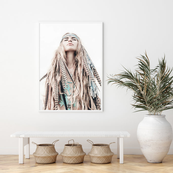 Wall Art 90Cmx135Cm Boho Girl White Frame Canvas