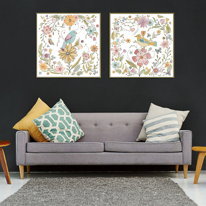 Wall Art 40Cmx40Cm Floral Birds 2 Sets Gold Frame Canvas