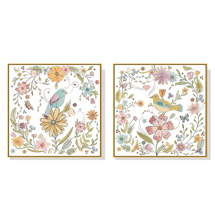 Wall Art 80Cmx80Cm Floral Birds 2 Sets Gold Frame Canvas