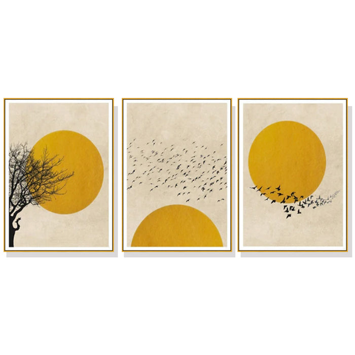 Wall Art 80Cmx120Cm Flock Of Birds Sun Silhouette 3 Sets Gold Frame Canvas