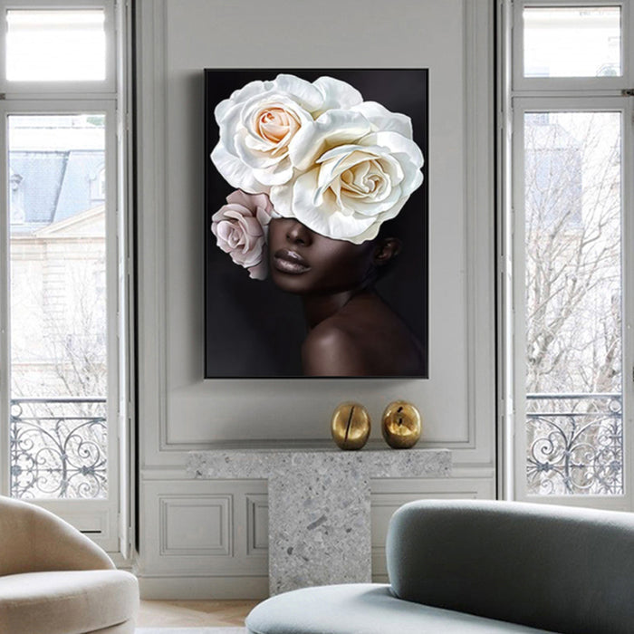 Wall Art 100Cmx150Cm Flower African Woman Black Frame Canvas