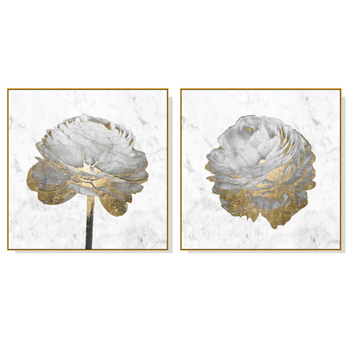 Wall Art 80Cmx80Cm Gold And White Blossom On White 2 Sets Gold Frame Canvas