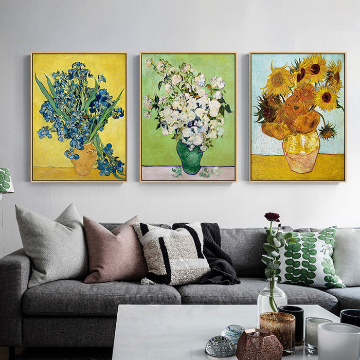 Wall Art 90Cmx135Cm Van Gogh Sunflowers Roses 3 Sets Gold Frame Canvas