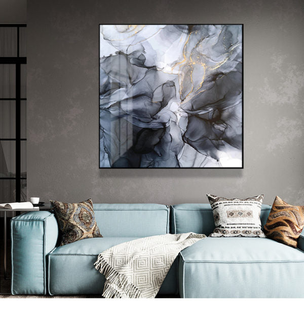 Wall Art 100Cmx100Cm Marbled Black Grey Black Frame Canvas