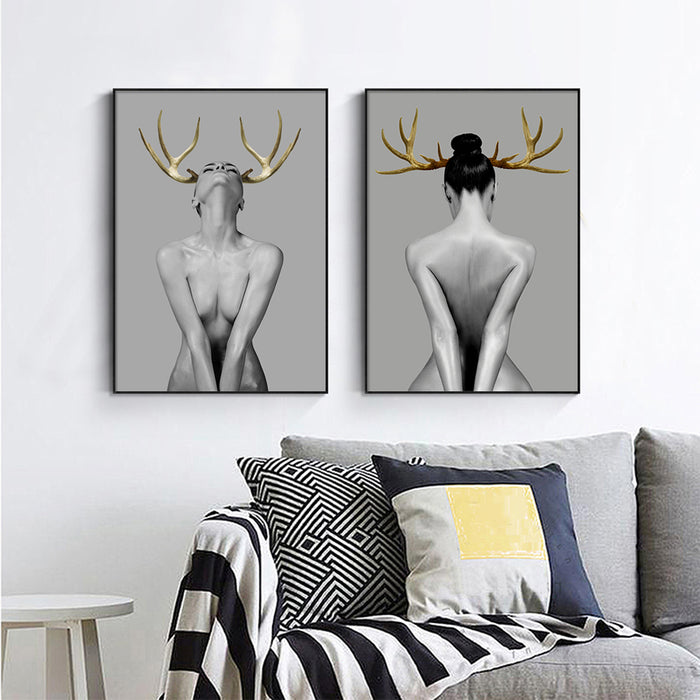 Wall Art 80Cmx120Cm Girl With Gold Horn 2 Sets Black Frame Canvas