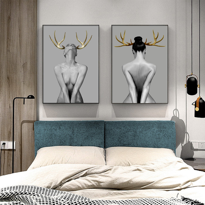 Wall Art 100Cmx150Cm Girl With Gold Horn 2 Sets Black Frame Canvas