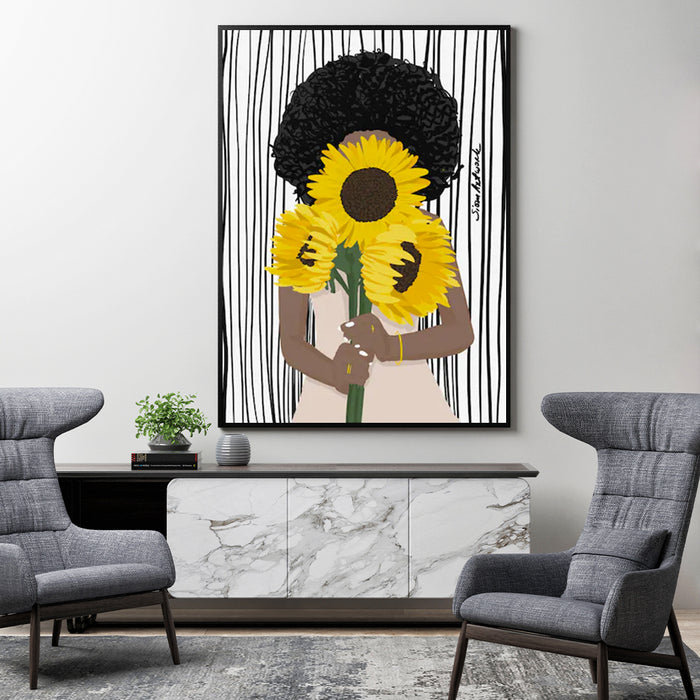 Wall Art 40Cmx60Cm African Woman Sunflower Black Frame Canvas