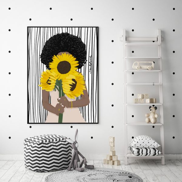 Wall Art 100Cmx150Cm African Woman Sunflower Black Frame Canvas