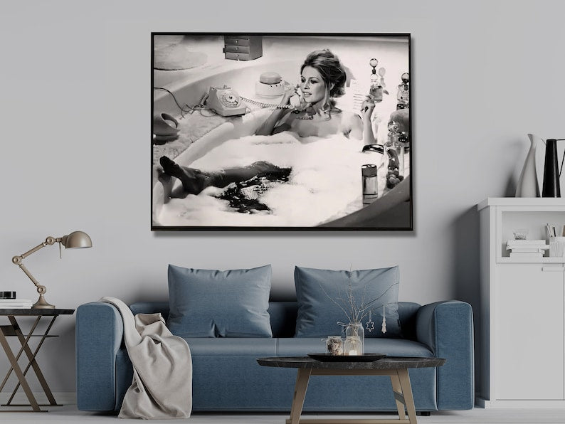 Wall Art 50Cmx70Cm Brigitte Bardot In The Bath Poster Black Frame Canvas