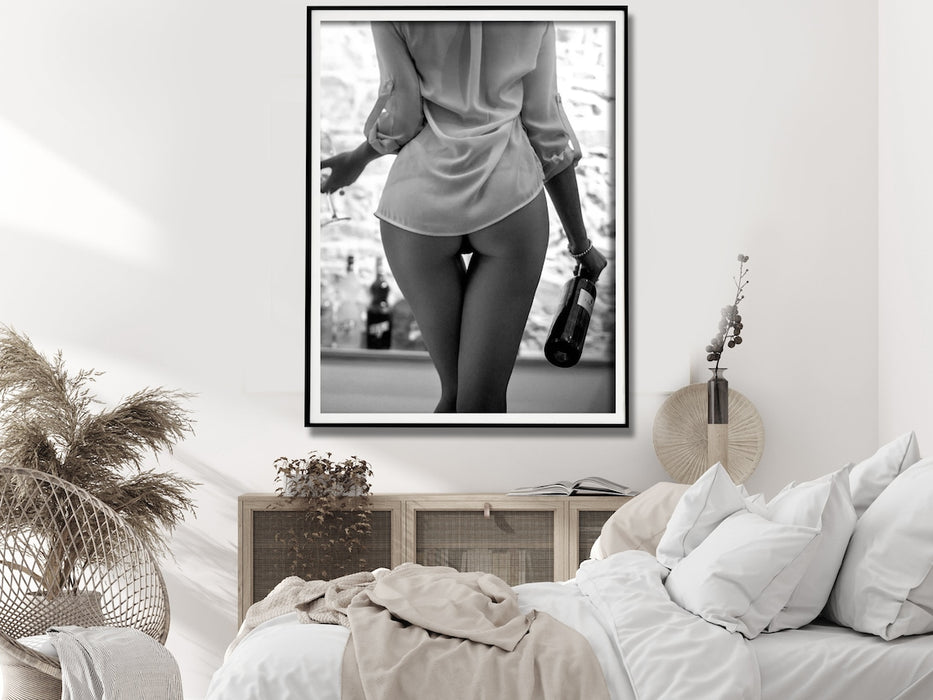 Wall Art 30Cmx40Cm Woman Drinking Wine Black And White Black Frame Canvas
