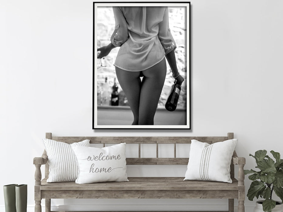 Wall Art 30Cmx40Cm Woman Drinking Wine Black And White Black Frame Canvas