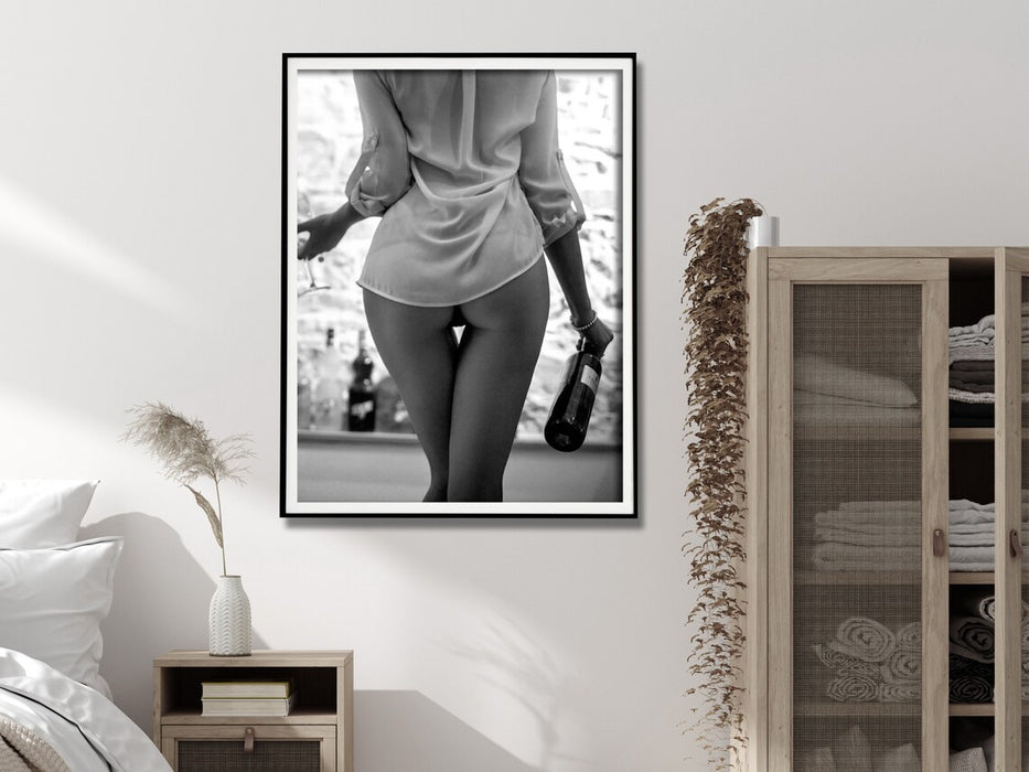 Wall Art 90Cmx135Cm Woman Drinking Wine Black And White Black Frame Canvas