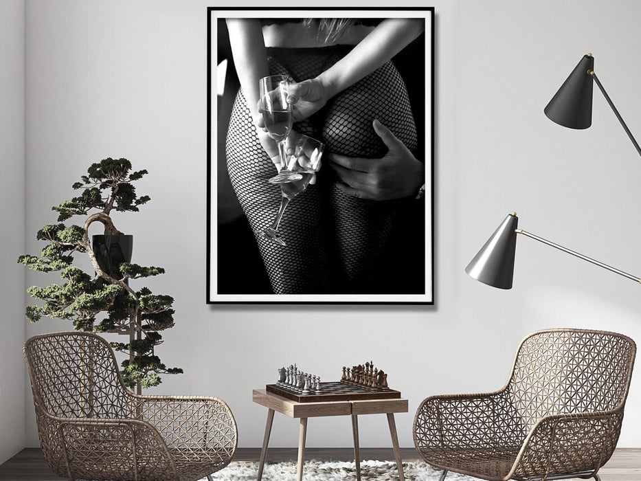 Wall Art 70Cmx100Cm Woman Drinking Wine In The Bar Black Frame Canvas