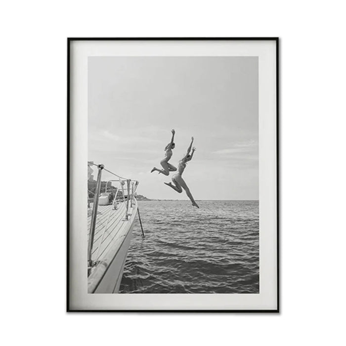 Wall Art 30Cmx40Cm Black And White Ocean Jump Black Frame Canvas