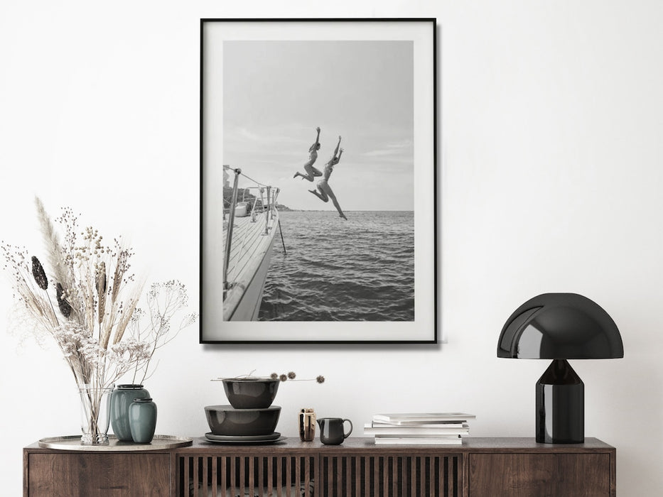 Wall Art 50Cmx70Cm Black And White Ocean Jump Black Frame Canvas