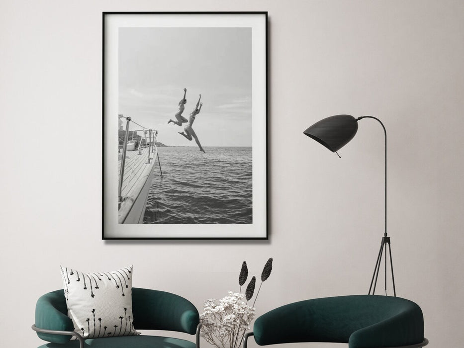 Wall Art 50Cmx70Cm Black And White Ocean Jump Black Frame Canvas