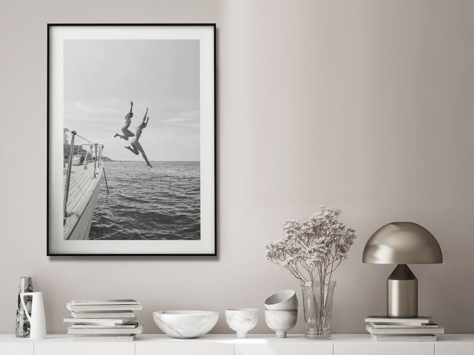 Wall Art 90Cmx135Cm Black And White Ocean Jump Black Frame Canvas