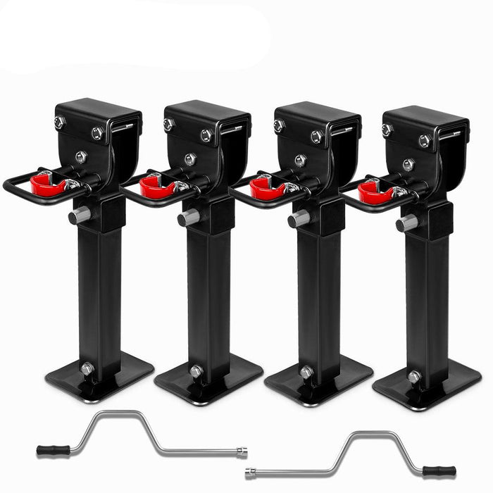 4X 440Mm Drop Down Corner Legs W/Handle Steel Base Caravan Stabilizer Black