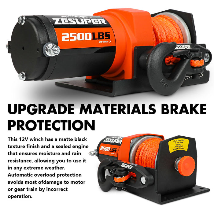 12V Electric Winch 2500Lbs Synthetic Rope Wireless Remote Atv Utv Boat