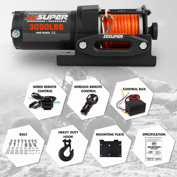 12V Electric Winch 3000Lbs Synthetic Rope Wireless Remote Atv Utv Boat