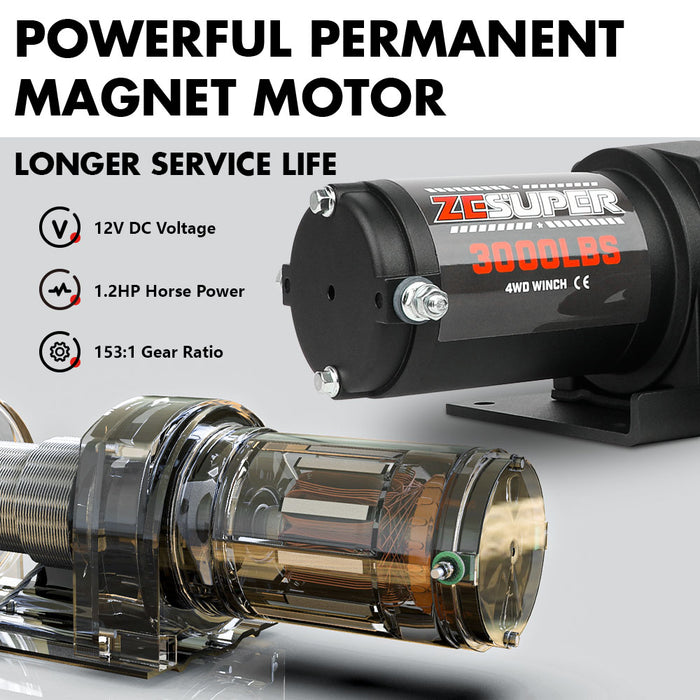 12V Electric Winch 3000Lbs Synthetic Rope Wireless Remote Atv Utv Boat