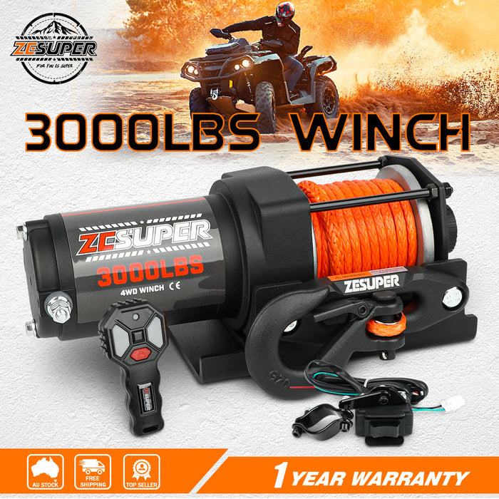 12V Electric Winch 3000Lbs Synthetic Rope Wireless Remote Atv Utv Boat