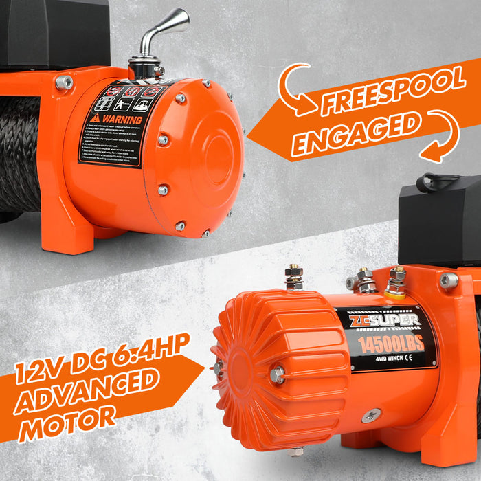 12V Electric Winch 14500Lbs Synthetic Rope Wireless Remote Atv Utv 4Wd