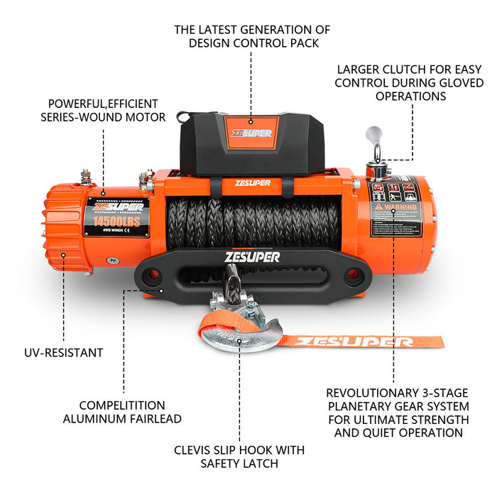 12V Electric Winch 14500Lbs Synthetic Rope Wireless Remote Atv Utv 4Wd