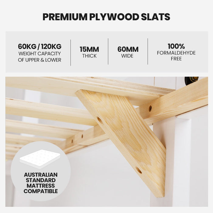 Wooden Kids Bunk Bed Frame With Modular Design That Can Convert To 2 Single White