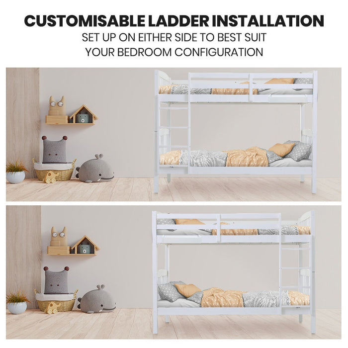 Wooden Kids Bunk Bed Frame With Modular Design That Can Convert To 2 Single White