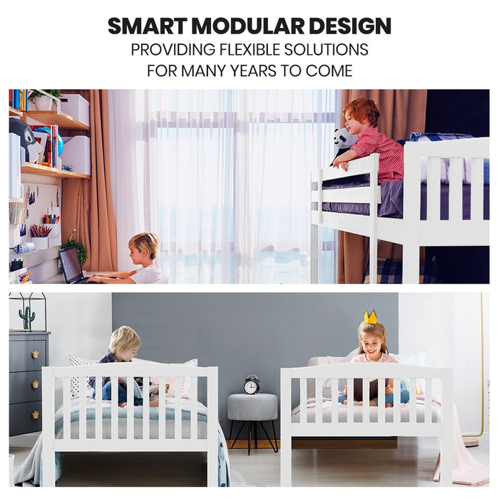 Wooden Kids Bunk Bed Frame With Modular Design That Can Convert To 2 Single White