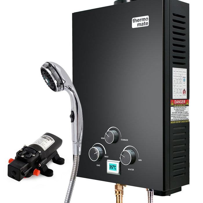 Portable Gas Outdoor Camping Hot Water Heater System With 12V Pump Shower Head Black