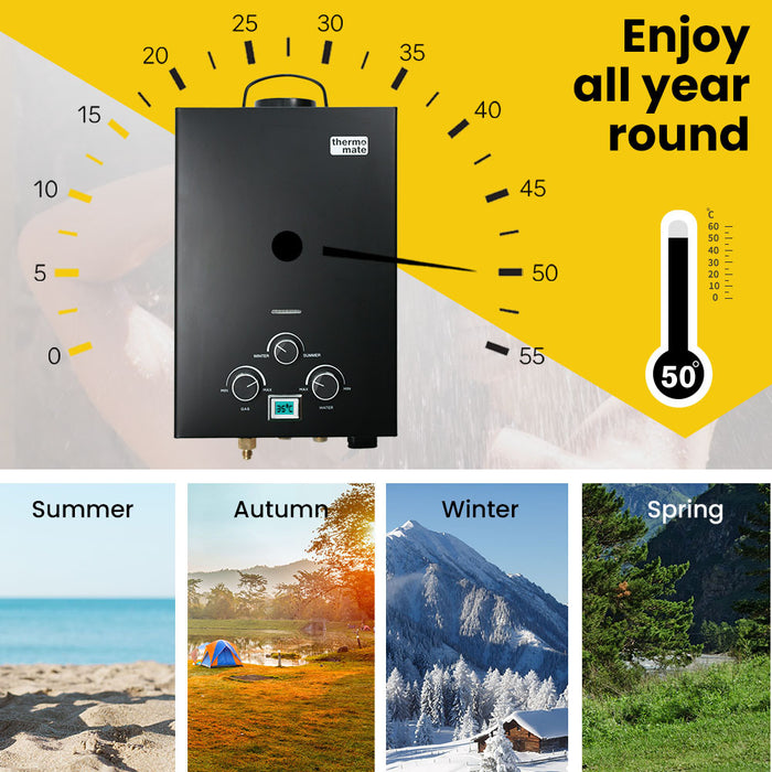 Portable Gas Outdoor Camping Hot Water Heater System With 12V Pump Shower Head Black