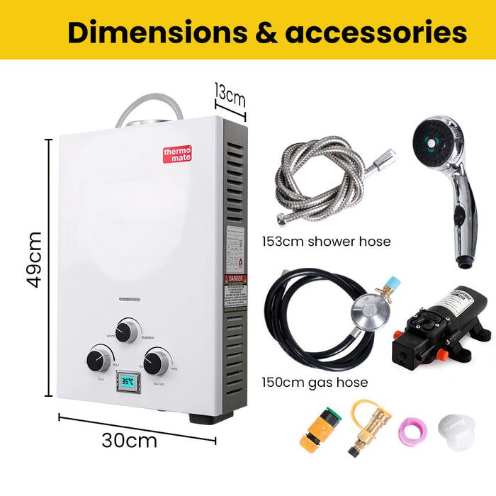 Portable Gas Outdoor Camping Hot Water Heater System With 12V Pump Shower Head White