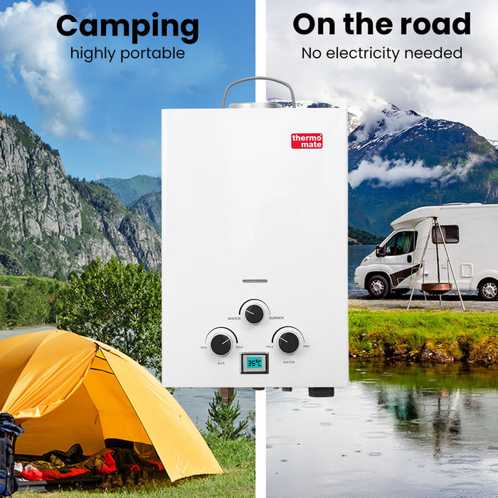 Portable Gas Outdoor Camping Hot Water Heater System With 12V Pump Shower Head White
