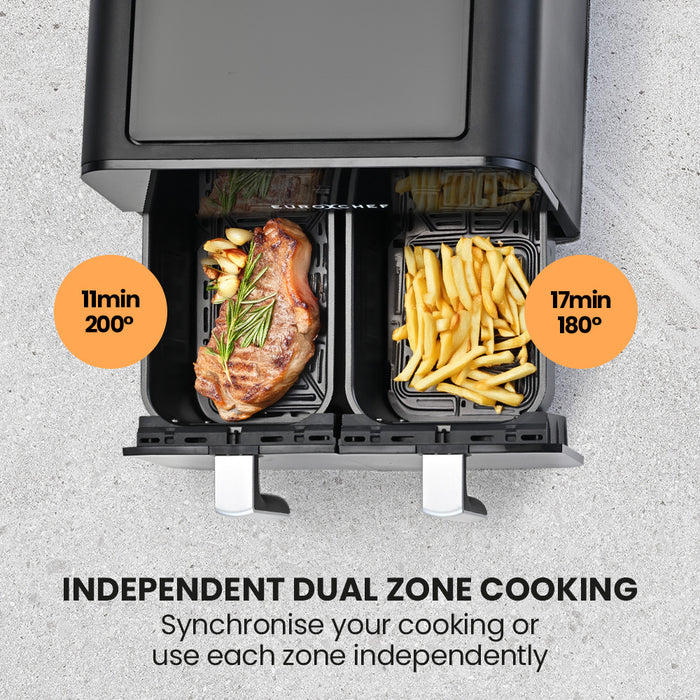 9L Dual Zone Air Fryer Electric Digital Airfryer Twin Drawers Black / Silver