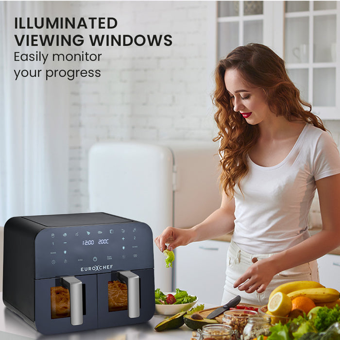 9L Dual Zone Air Fryer Electric Digital Airfryer Twin Drawers Black / Silver