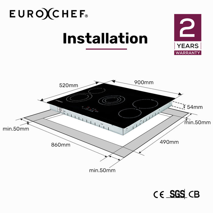 90Cm 5 Zone Ceramic Cooktop 8900W Electric Flexizone Adjustable Size Hobs Touch Controls