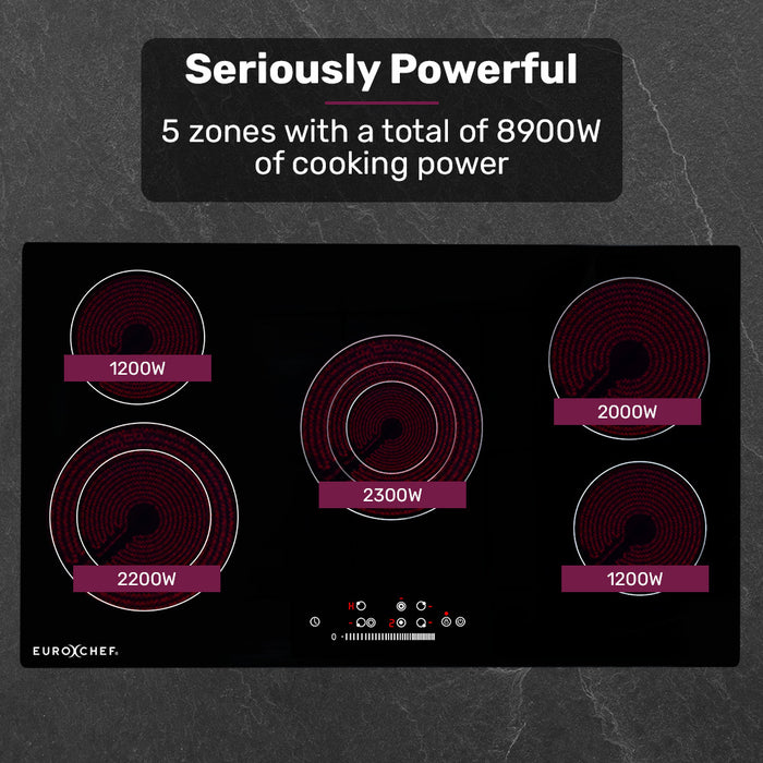 90Cm 5 Zone Ceramic Cooktop 8900W Electric Flexizone Adjustable Size Hobs Touch Controls