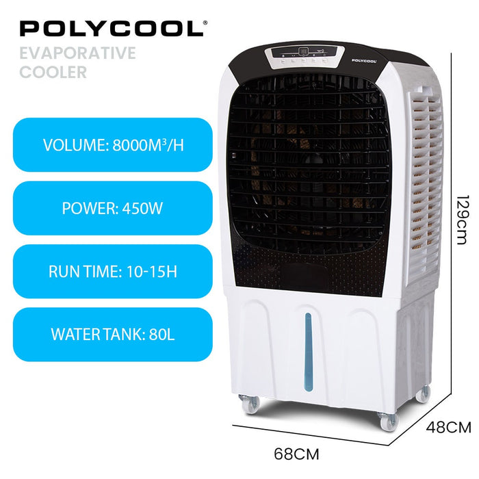 450W 80L Evaporative Air Cooler Commercial Grade Remote Control Fan
