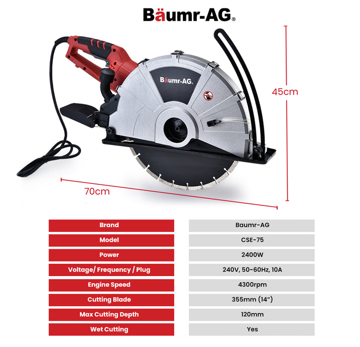 2400W Electric Concrete Saw 355Mm Demolition Cutter Wet Dry Demo Tool Circular Cutting