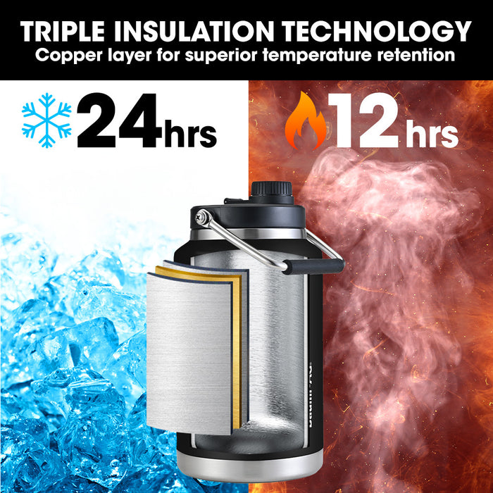 3.8L Double Wall Insulated Stainless Steel Water Bottle Drink Jug With Handle Black