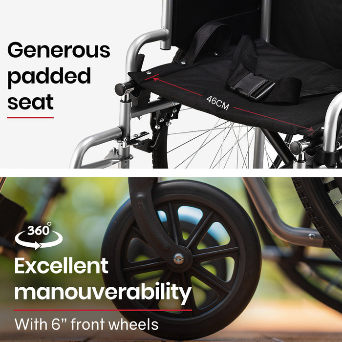 24 Inch Folding Wheelchair Lightweight Portable For Elderly And Disabled Grey