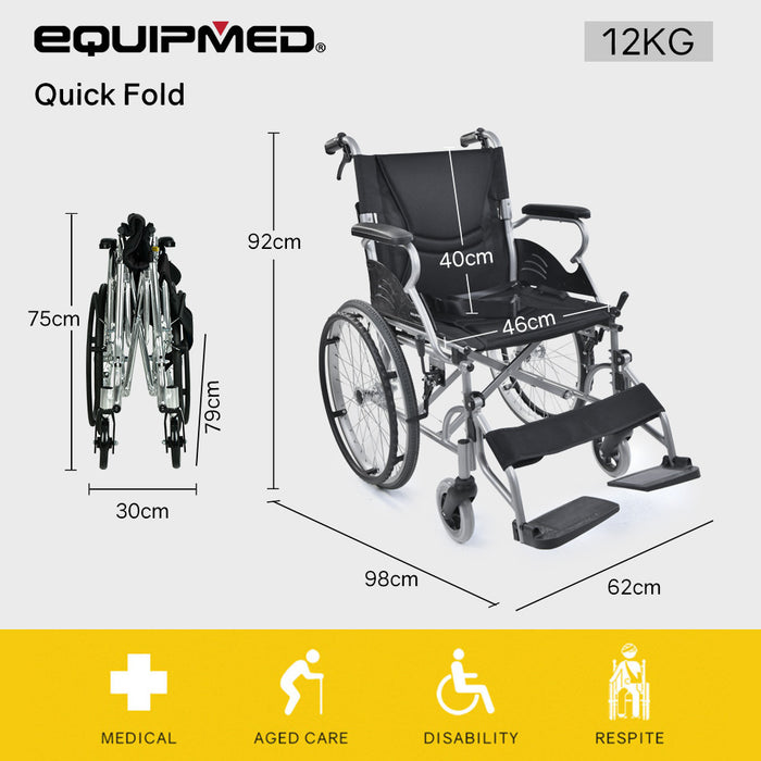 20 Inch Folding Wheelchair Lightweight Aluminium Portable With Park Brakes Black